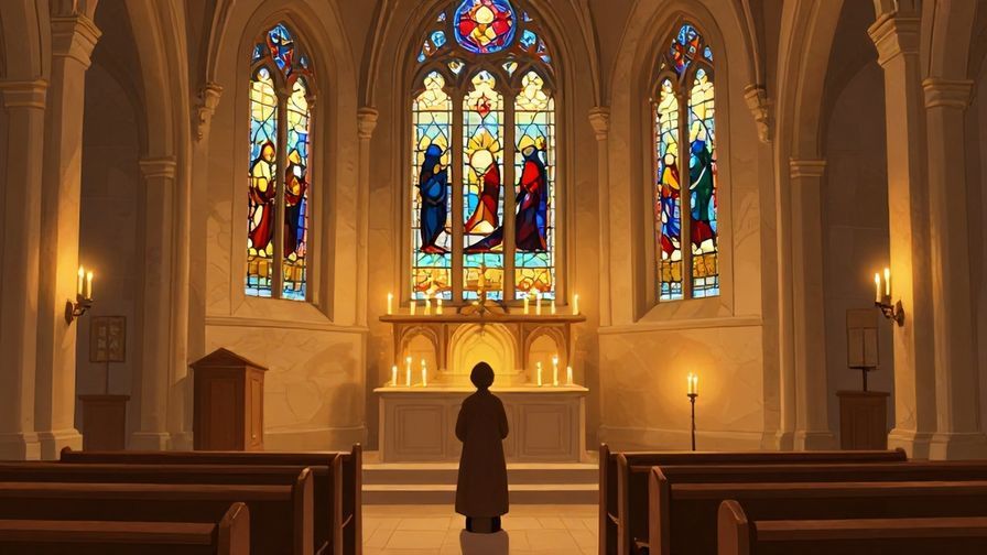 Illustration%20of%20a calm chapel interior with candles and stained glass windows, a person softly praying, peaceful warm lighting, illustrated style