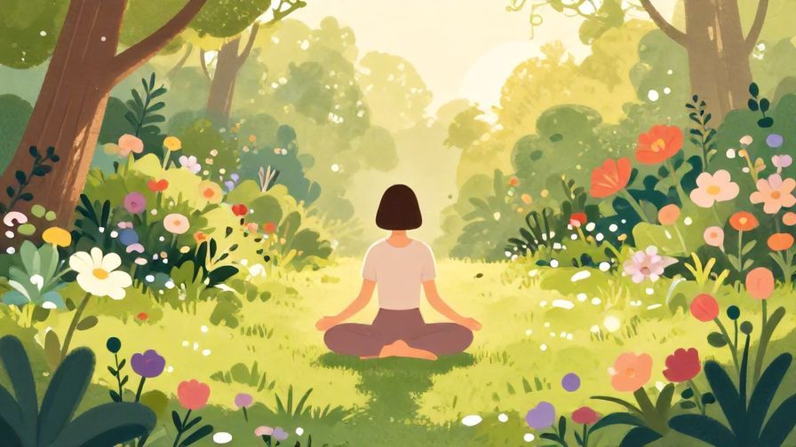 Illustration%20of%20a calm garden with blooming flowers at dawn, person meditating peacefully. Soft natural colors, illustrated style
