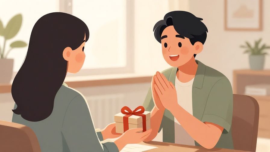 Illustration%20of%20a calm indoor setting with a person smiling appreciatively while receiving a small gift, soft natural lighting