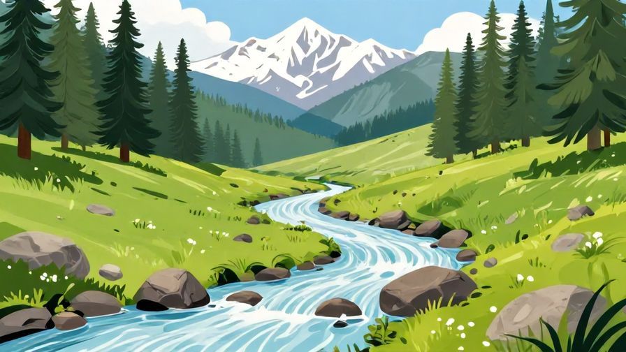 Illustration%20of%20a calm mountain stream flowing steadily with rocks, surrounded by pine trees, peaceful nature scene, vibrant colors, illustrated style