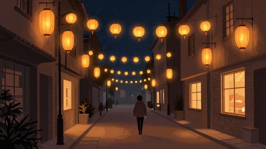 Illustration%20of%20a calm, night street scene with lanterns glowing softly, a person walking home peacefully, illustrated style with warm lighting