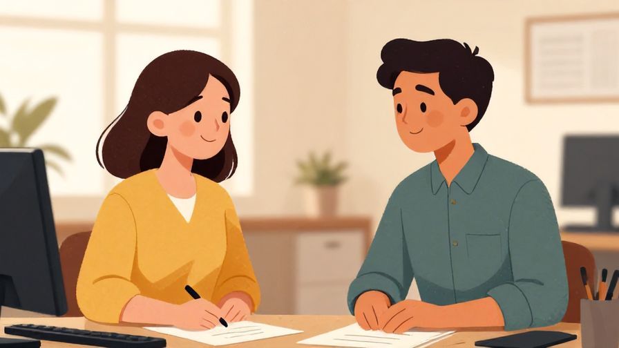 Illustration%20of%20a calm office scene with two colleagues exchanging a reassuring smile, warm indoor lighting, illustrated style