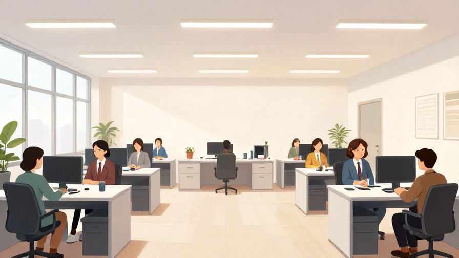 Illustration%20of%20a calm office space with people quietly working, soft lighting, neat and formal atmosphere, detailed background, illustrated style