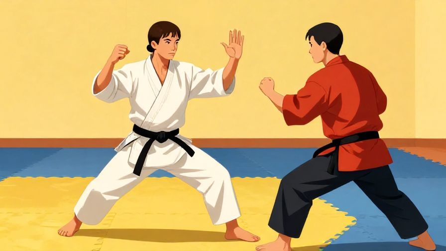 Illustration%20of%20a calm person blocking an aggressive attack in a dojo, focused and controlled expression, traditional martial arts setting, vibrant colors