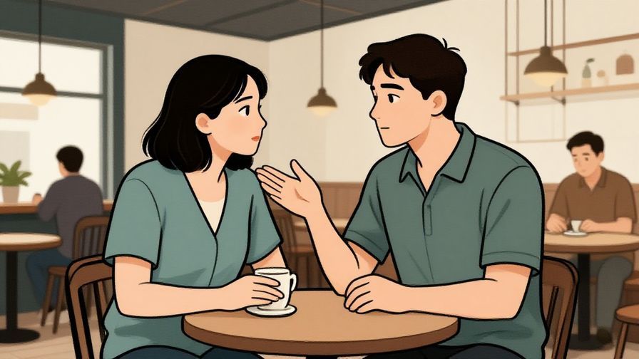Illustration%20of%20a calm person explaining gently to another, with a subtle warning expression, indoor cafe setting, illustrated style