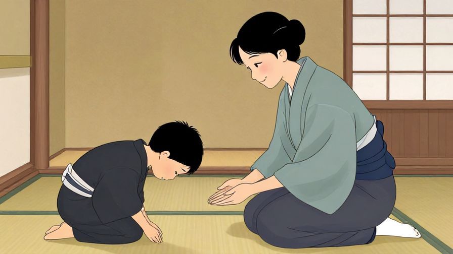 Illustration%20of%20a calm person gently smiling while offering a small bow, traditional Japanese room setting, warm lighting, illustrated style