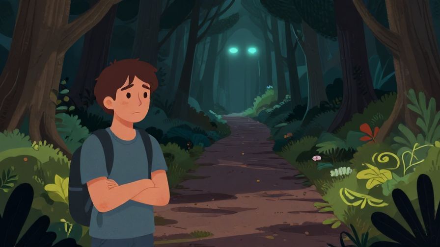 Illustration%20of%20a calm person hesitating before a mysterious dark path with glowing eyes in the distance, detailed natural background, vibrant colors, illustrated style
