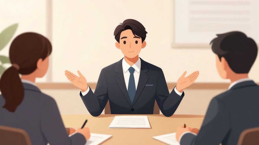 Illustration%20of%20a calm person in a business suit gesturing toward themselves politely in a meeting room, soft lighting, illustrated style