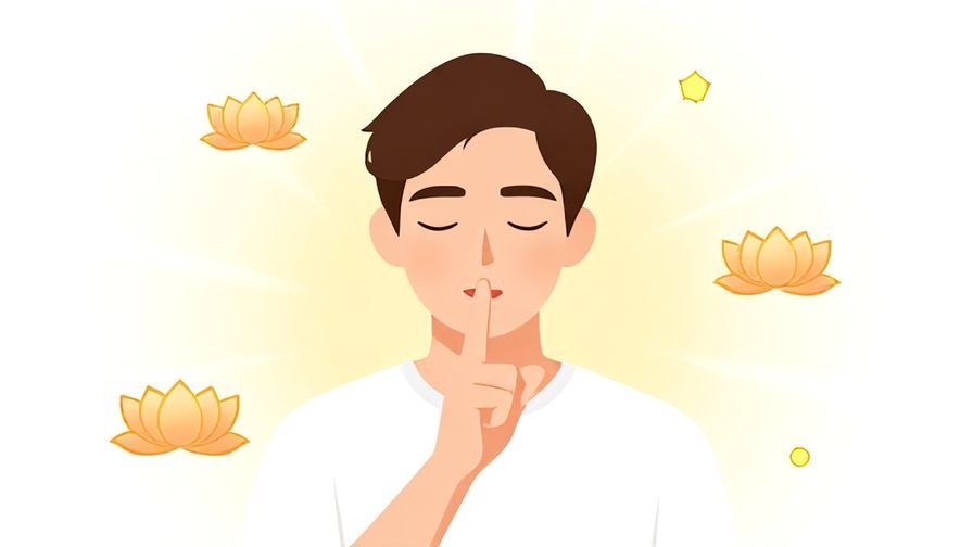 Illustration%20of%20a calm person making a quiet gesture with a finger to lips, surrounded by lotus flowers and light rays