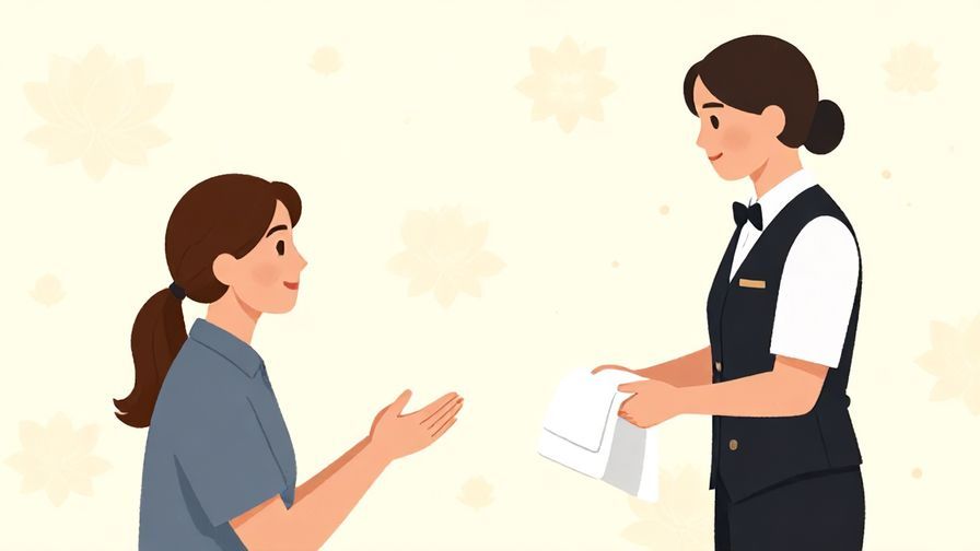 Illustration%20of%20a calm person politely asking a hotel staff to prepare a towel, with soft dots and lotus flowers in the background, illustrated style