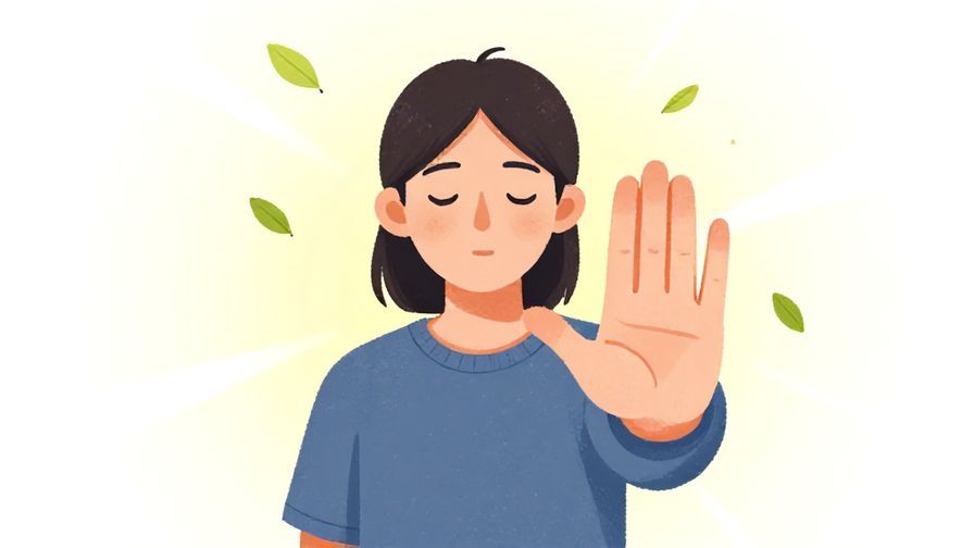 Illustration%20of%20a calm person politely gesturing stop with hand, surrounded by light rays and floating leaves, soft colors, illustrated style