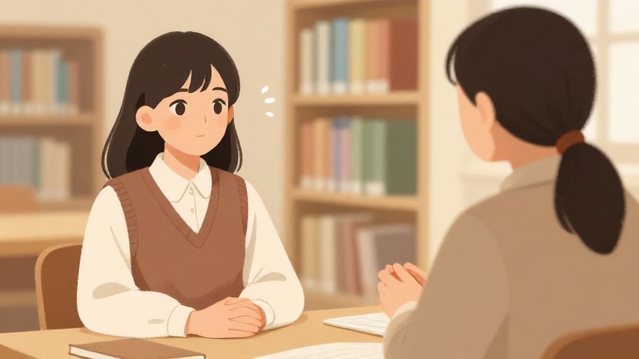 Illustration%20of%20a calm person politely requesting repetition with hands folded lightly, in a library setting, soft warm colors, illustrated style