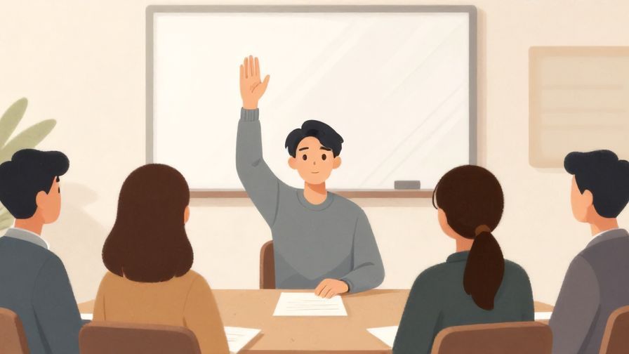 Illustration%20of%20a calm person raising a hand in a meeting room, soft light and neutral colors