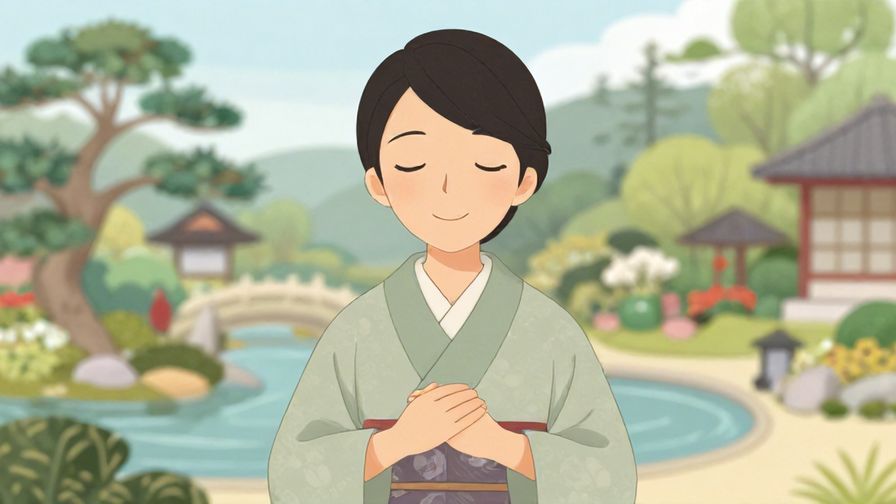 Illustration%20of%20a calm person smiling reassuringly with hands folded, traditional Japanese garden background, soft pastel colors, illustrated style