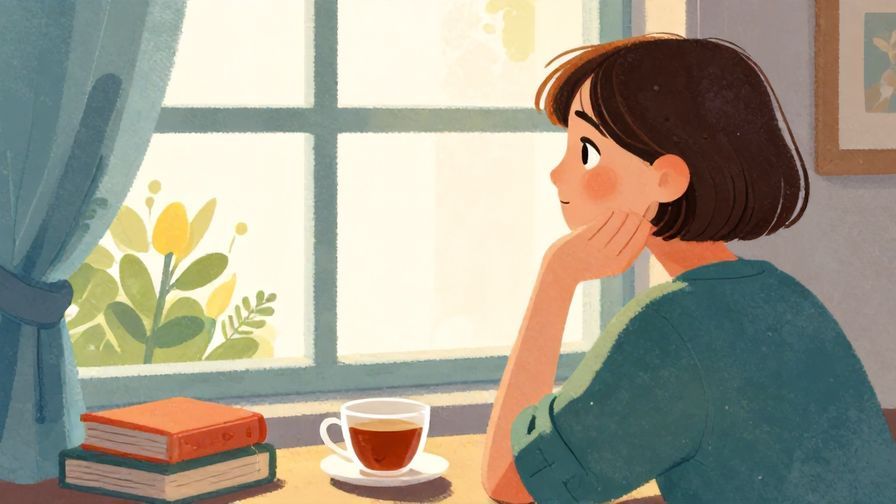 Illustration%20of%20a calm person thoughtfully looking out a window, soft light with books and a cup of tea nearby, vibrant colors, illustrated style