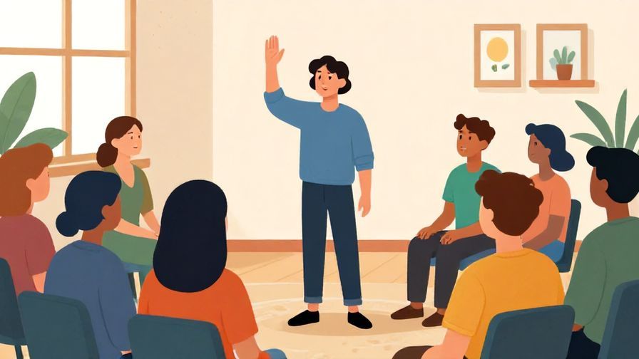 Illustration%20of%20a calm person waving a hand to stop while talking to a group in a serene room, vibrant colors, illustrated style
