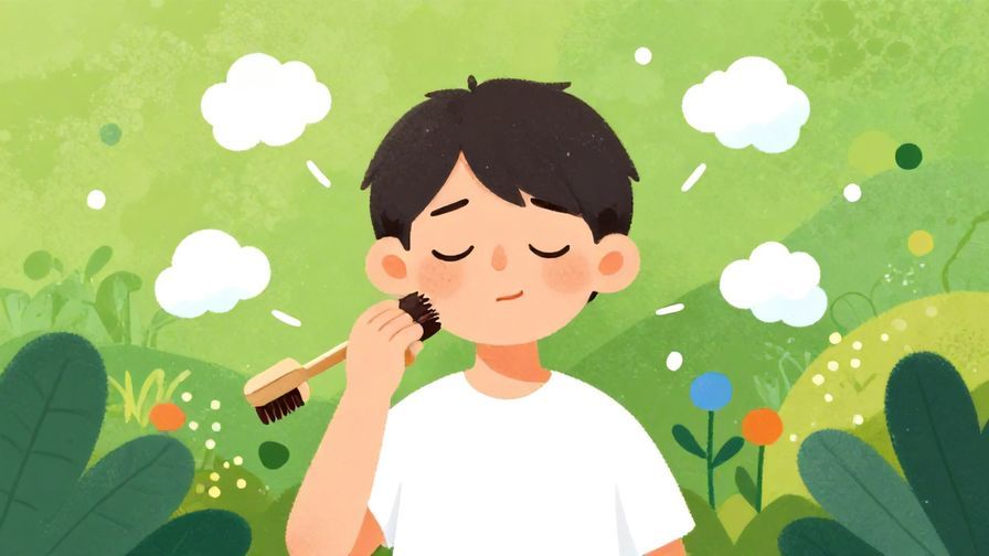 Illustration%20of%20a calm person with closed eyes smiling slightly, brushing off worries represented by small clouds floating away, green garden background, vibrant colors, illustrated style