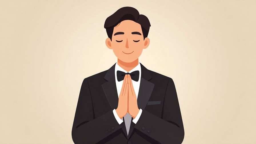 Illustration%20of%20a calm person with folded hands politely smiling in a formal setting, elegant background