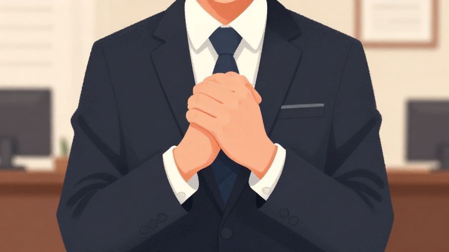 Illustration%20of%20a calm person with folded hands, soft indoor lighting, formal office background, illustrated style