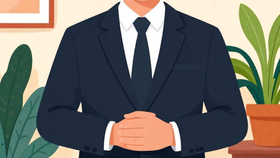 Illustration%20of%20a calm person with hands folded in front, formal indoor setting with plants, vibrant colors, illustrated style