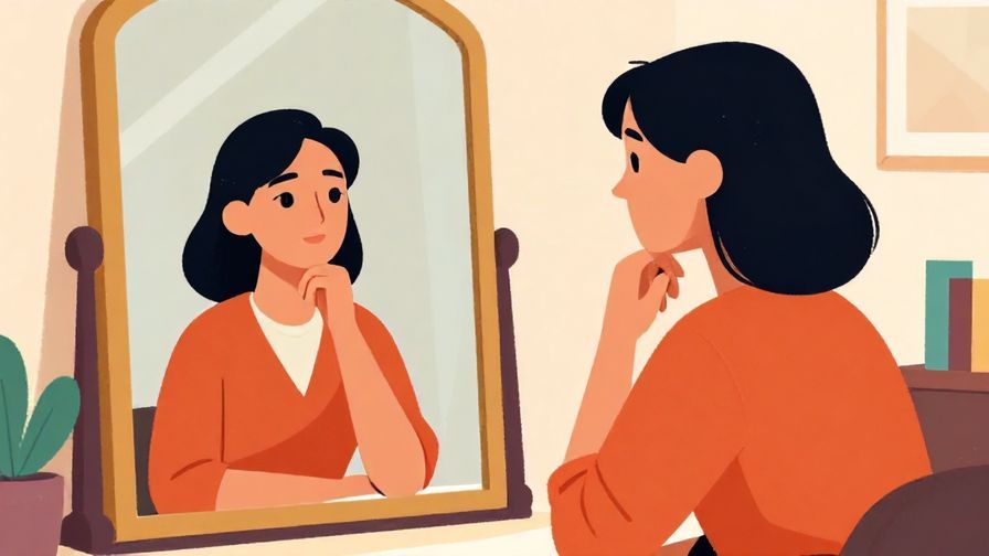 Illustration%20of%20a calm, professional person looking thoughtfully in a mirror-like reflection, elegant office background, vibrant colors, illustrated style