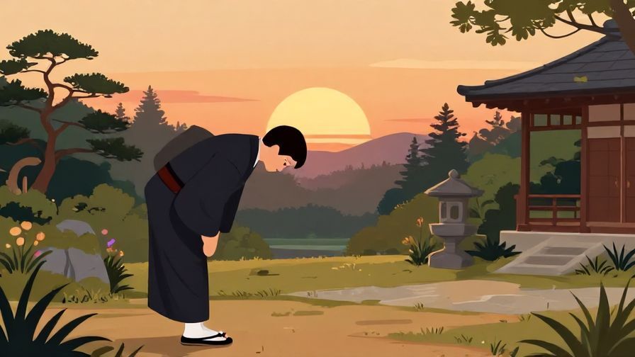 Illustration%20of%20a calm sunset with a person bowing slightly in a respectful manner, traditional Japanese garden background, warm colors, illustrated style