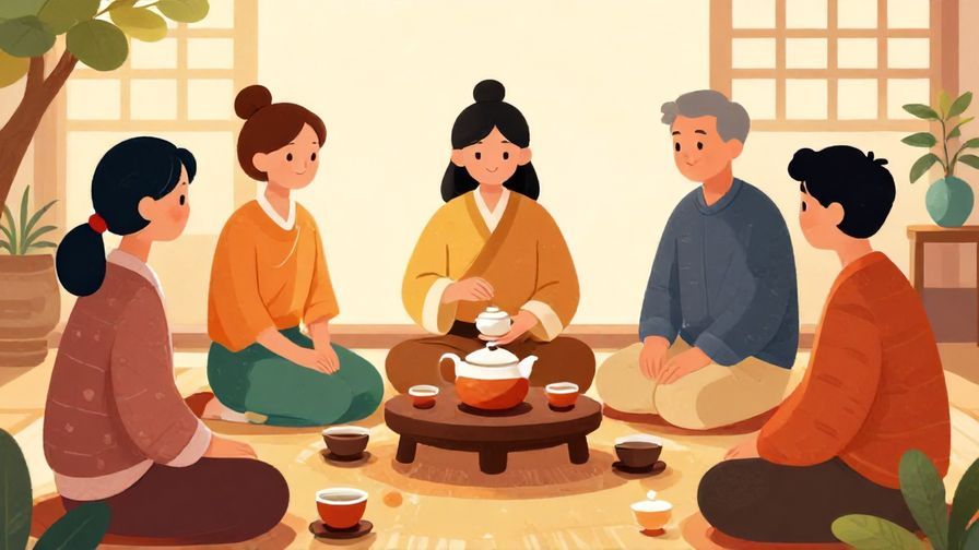 Illustration%20of%20a calm tea ceremony setting with people respectfully enjoying the moment%2C warm light%2C peaceful%20atmosphere%2C%20vibrant%20colors%2C%20illustrated%20style