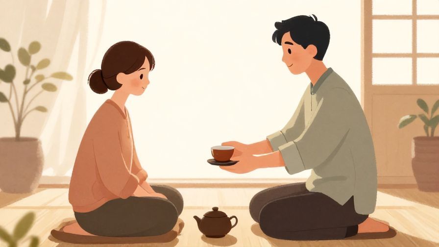 Illustration%20of%20a calm tea ceremony setting with a host gently offering tea in the morning light, conveying respect and warmth.%20Soft%20colors%2C%20illustrated%20style