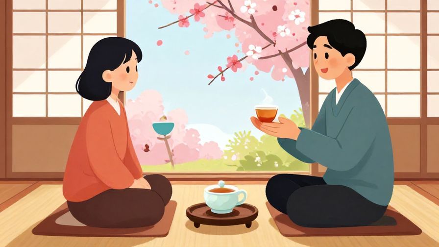 Illustration%20of%20a calm tea ceremony setting%20with two people exchanging polite smiles%2C%20cherry%20blossoms%20outside%20the%20window%2C%20vibrant%20colors%2C%20illustrated%20style