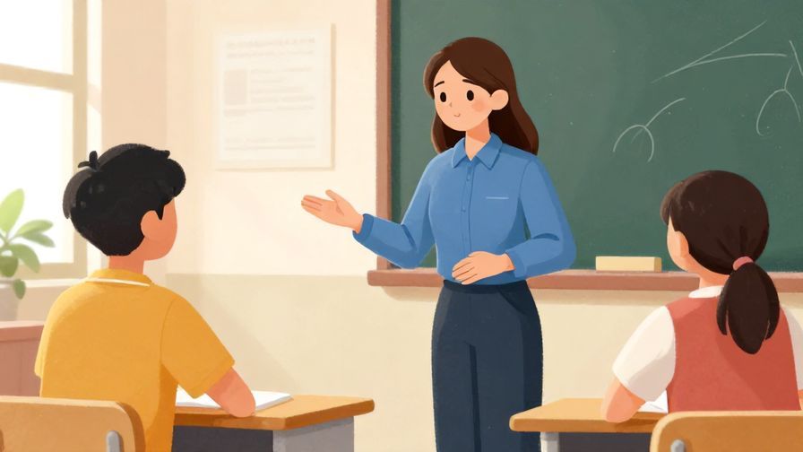 Illustration%20of%20a calm teacher gently gesturing to a stressed student in a classroom with soft dots and curved lines in the background, vibrant colors, illustrated style