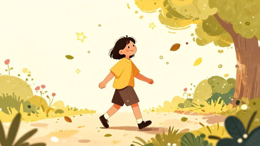 Illustration%20of%20a carefree character walking down a sunny path with a slight smile, floating leaves and stars around, upbeat and warm colors, illustrated style