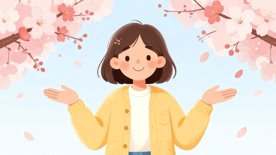 Illustration%20of%20a carefree person smiling and shrugging, cherry blossoms falling around, soft pastel colors, illustrated style
