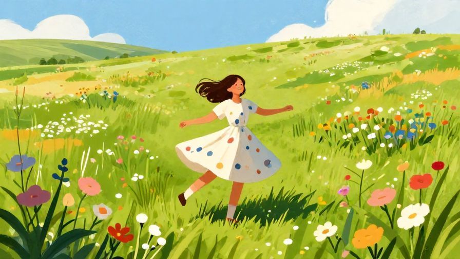 Illustration%20of%20a carefree person spinning happily in a sunny field with wildflowers, vibrant colors, illustrated style