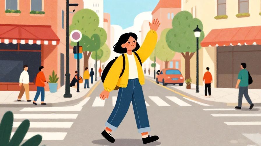 Illustration%20of%20a carefree person waving goodbye on a bustling street, casual vibe, vibrant colors, illustrated style