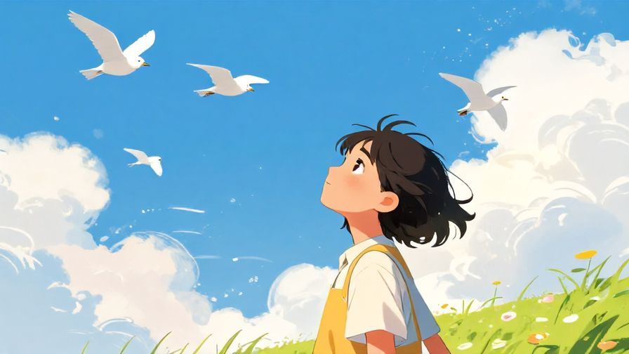 Illustration%20of%20a carefree%20person%20looking%20up%20at%20the%20sky%2C%20birds%20flying%20overhead%2C%20sunny%20day%2C%20vibrant%20colors%2C%20illustrated%20style