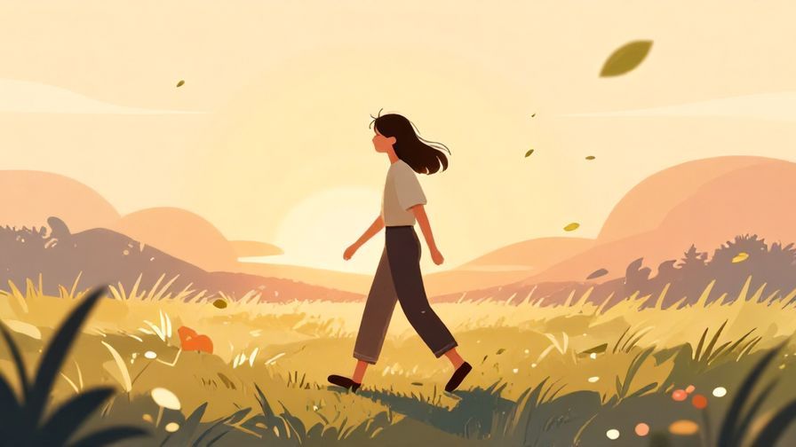 Illustration%20of%20a carefree%20person%20walking%20down%20a%20path%20with%20gentle%20breezes%20blowing%20leaves%20around%2C%20sunset%20lighting%2C%20illustrated%20style