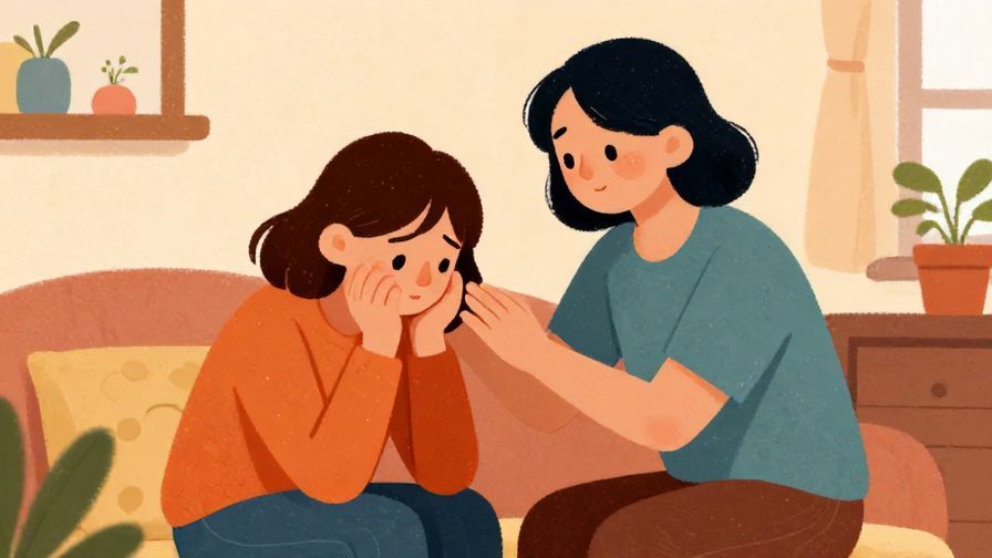 Illustration%20of%20a caring person comforting another who looks sad, in a cozy room with warm lighting and gentle colors%2C%20vibrant%20colors%2C%20illustrated%20style