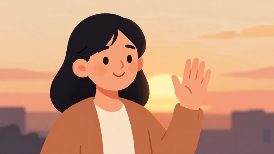 Illustration%20of%20a caring person waving goodbye, with a gentle smile and warm sunset background