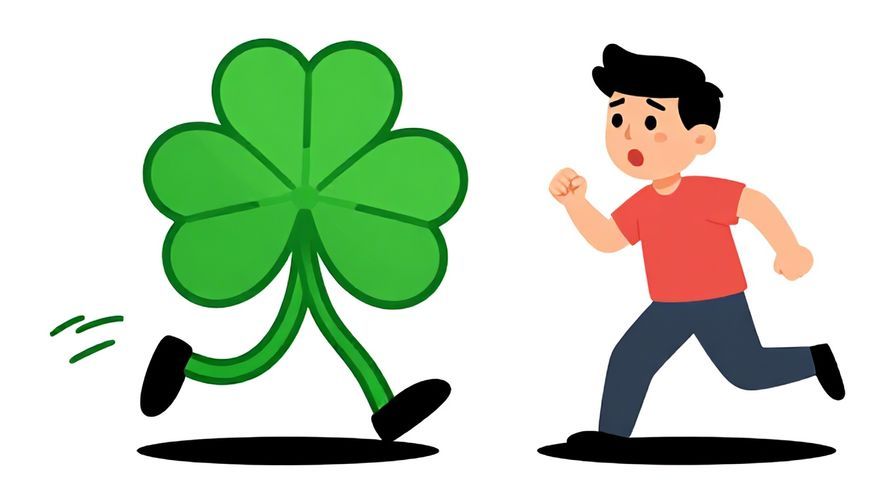 Illustration%20of%20a cartoon-style luck symbol, like a four-leaf clover, running away from a surprised person, vibrant colors, playful illustrated style
