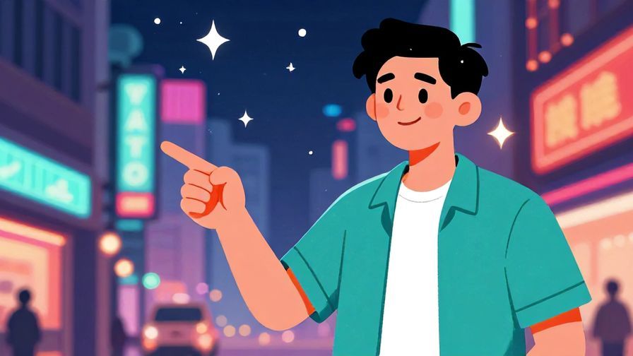 Illustration%20of%20a casual character pointing with a smirk%2C city street background with neon lights and stars%2C vibrant colors%2C illustrated style