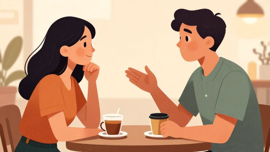 Illustration%20of%20a casual conversation between two people at a cafe, one thoughtfully explaining something with hand gestures, warm lighting, illustrated style