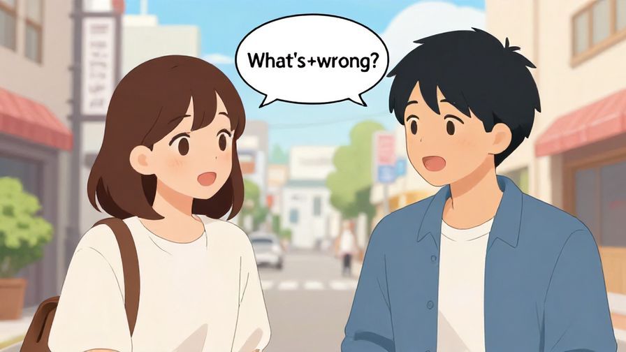 Illustration%20of%20a casual conversation in Kansai dialect with two friends, one asking “What’s wrong?” in a casual tone, lively street background