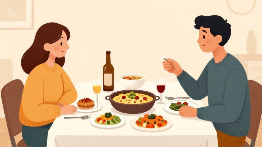 Illustration%20of%20a casual dinner table%20with%20various%20dishes%20and%20two%20people%20sharing%20food%2C%20warm%20lighting%2C%20illustrated%20style