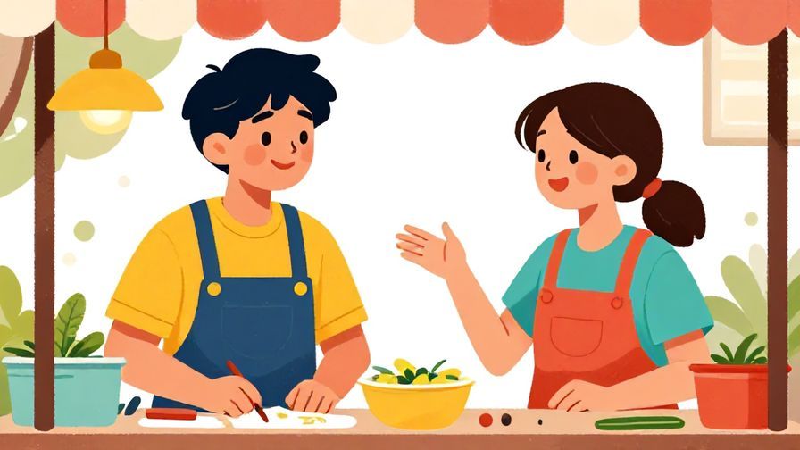 Illustration%20of%20a casual exchange between two young people at a street food stall, smiling and nodding, bright colors, illustrated style