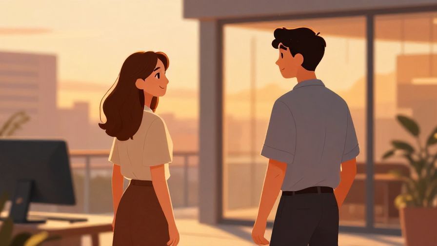Illustration%20of%20a casual farewell between smiling coworkers outside an office at sunset, warm tones