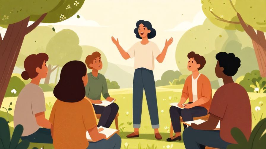 Illustration%20of%20a casual group conversation with one person explaining something energetically, warm afternoon park scene