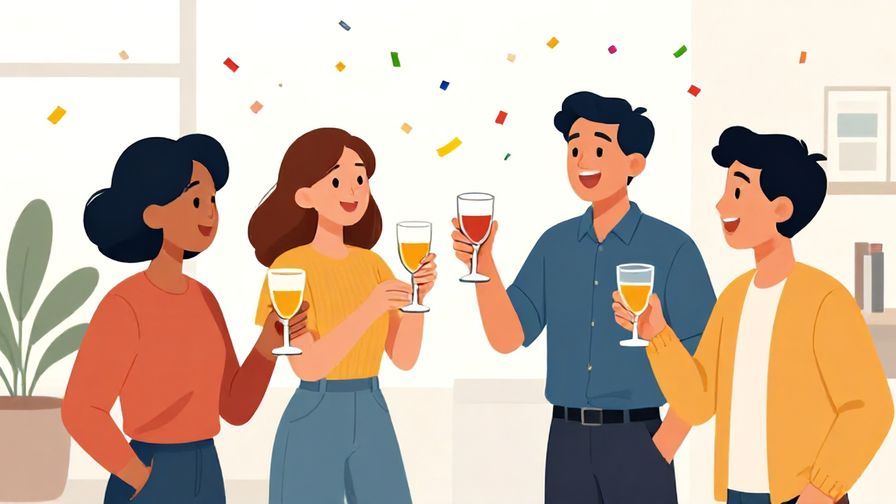 Illustration%20of%20a casual office party with friends laughing and clinking glasses, colorful confetti in the air