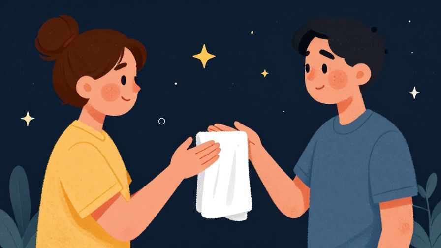 Illustration%20of%20a casual person asking a friend to bring a towel, smiling relaxed expression, palm leaves and stars background, illustrated style