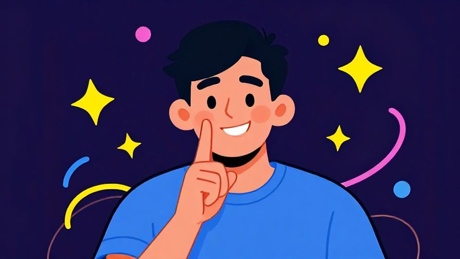 Illustration%20of%20a casual person with a playful grin, making a “shh” gesture, surrounded by stars and curved lines, colorful and lively, illustrated style