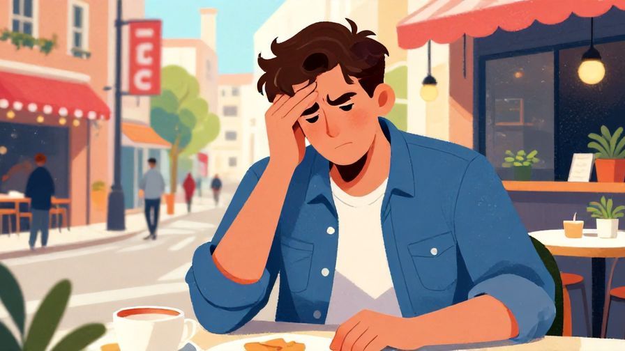 Illustration%20of%20a casual young adult shaking their head firmly in a street cafe, vibrant colors, illustrated style